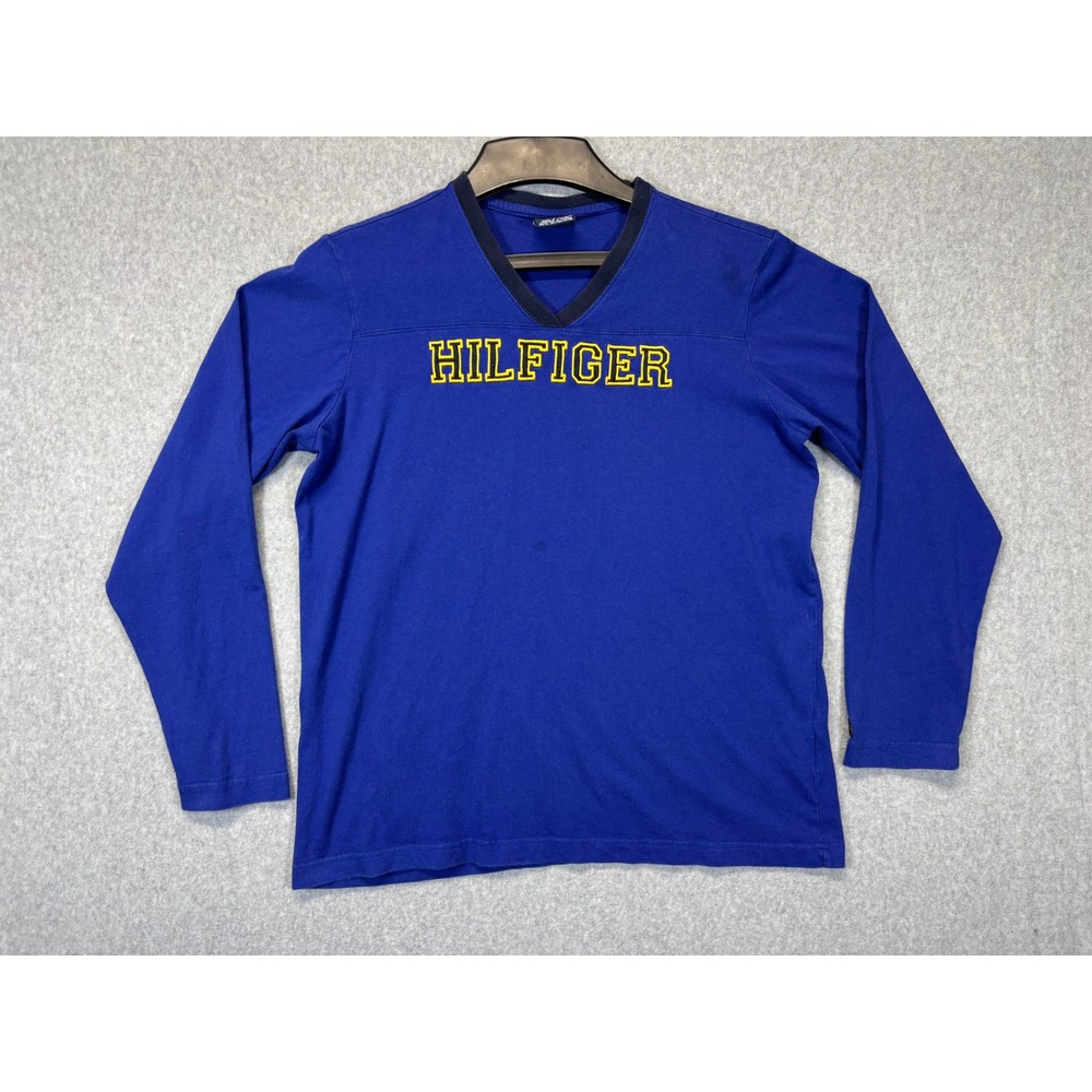 Tommy Hilfiger Mens Blue Long Sleeve V-Neck Graphic T-Shirt‎ Embroidered Large